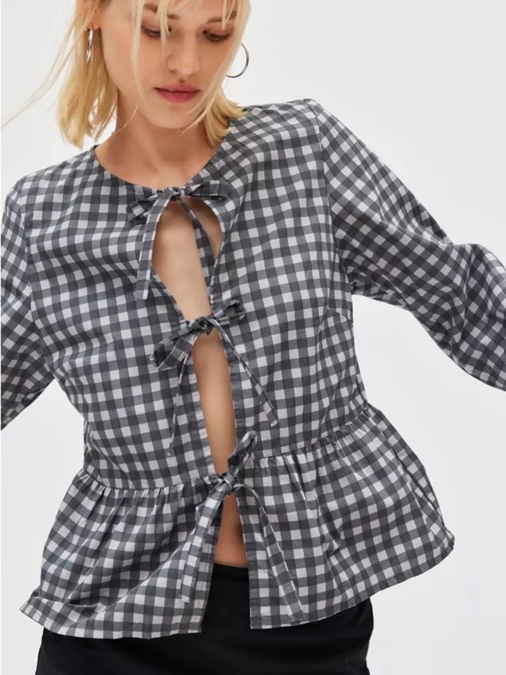 MOTEL ROCKS Light-Black Gingham Tie-Front Puff Sleeve Top (Size Small) - Picture 2 of 7